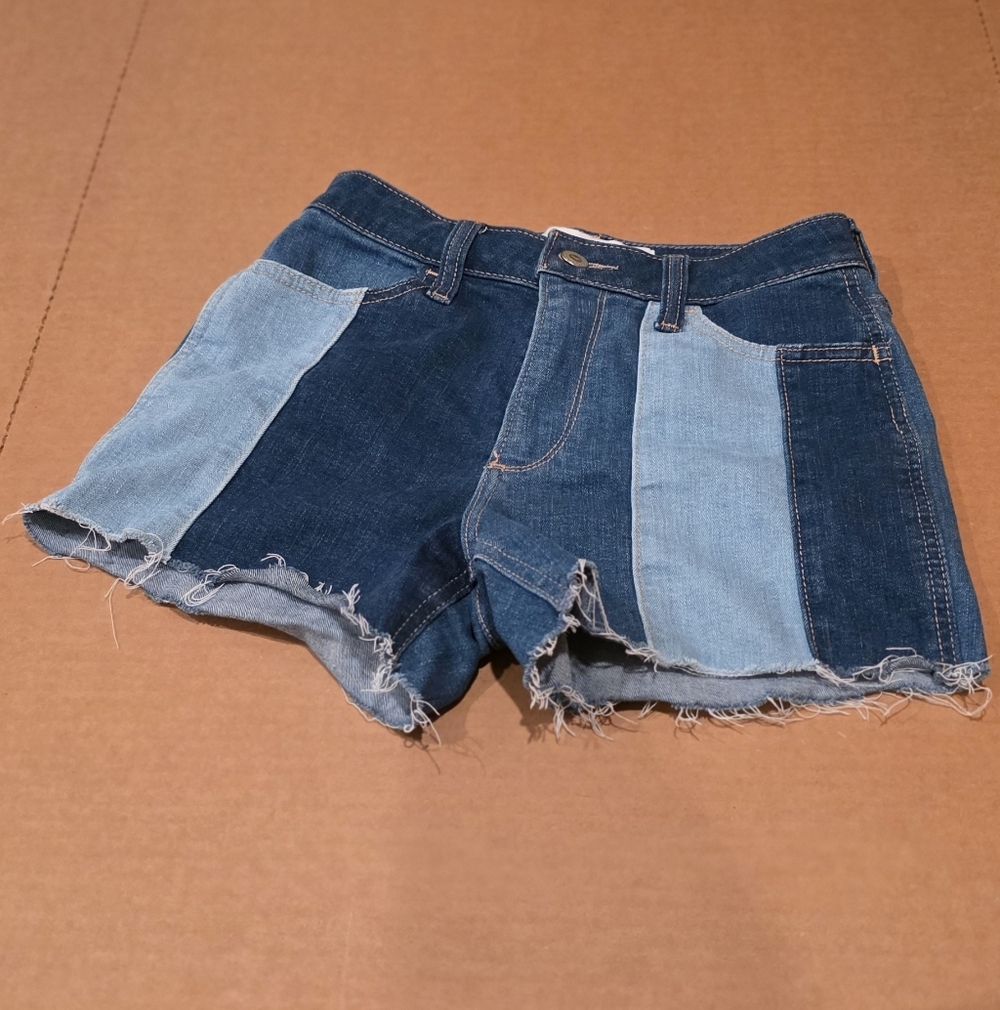 Hollister Women's Patchwork Denim Shorts - Dark and Light Blue